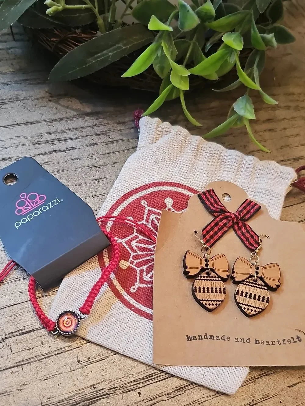 Paparazzi Red Braided Kids Bracelet & Pink Wooden Bow Earrings Set NWT